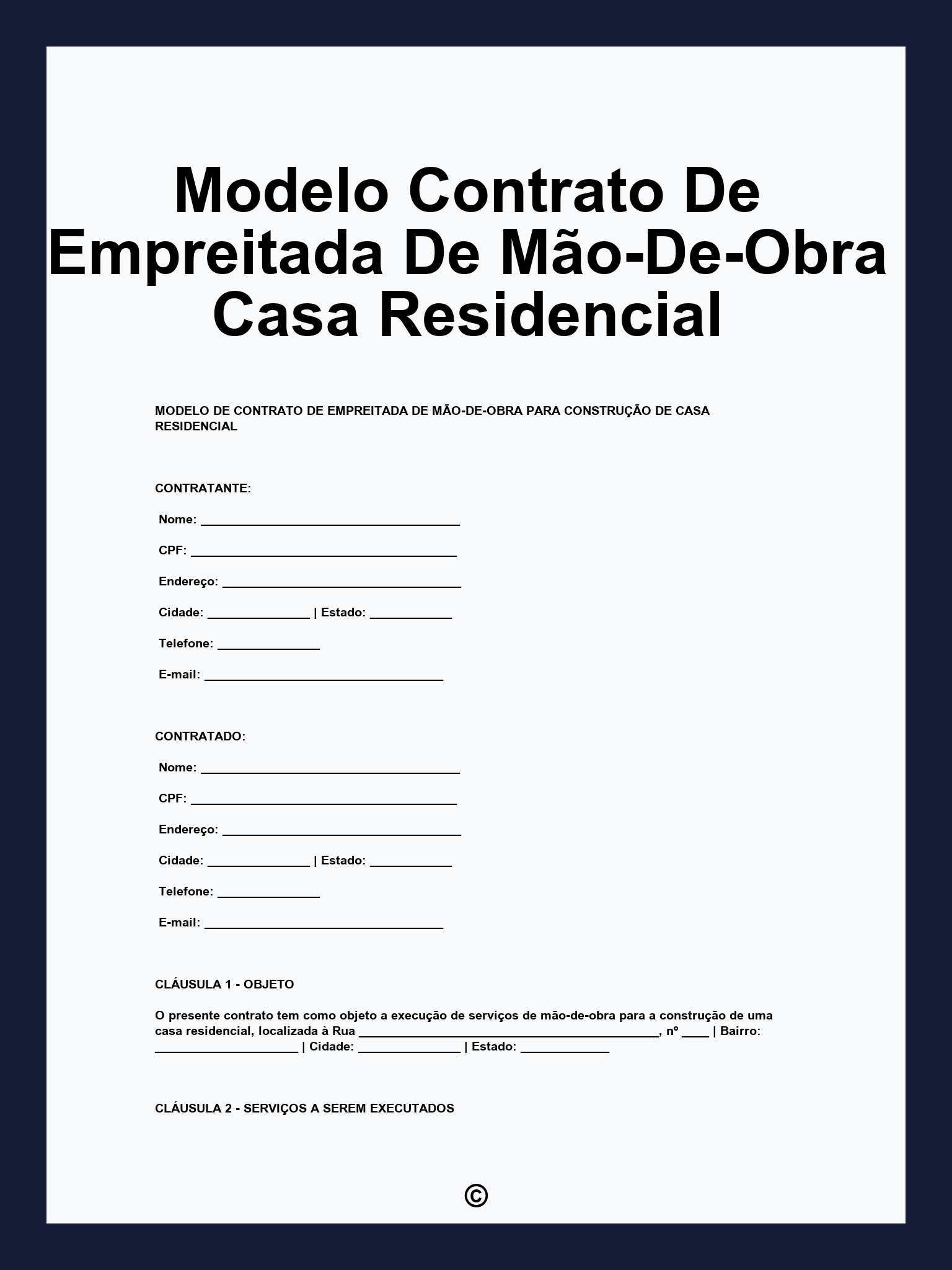 Modelo Contrato De Empreitada De Mão-De-Obra Casa Residencial
