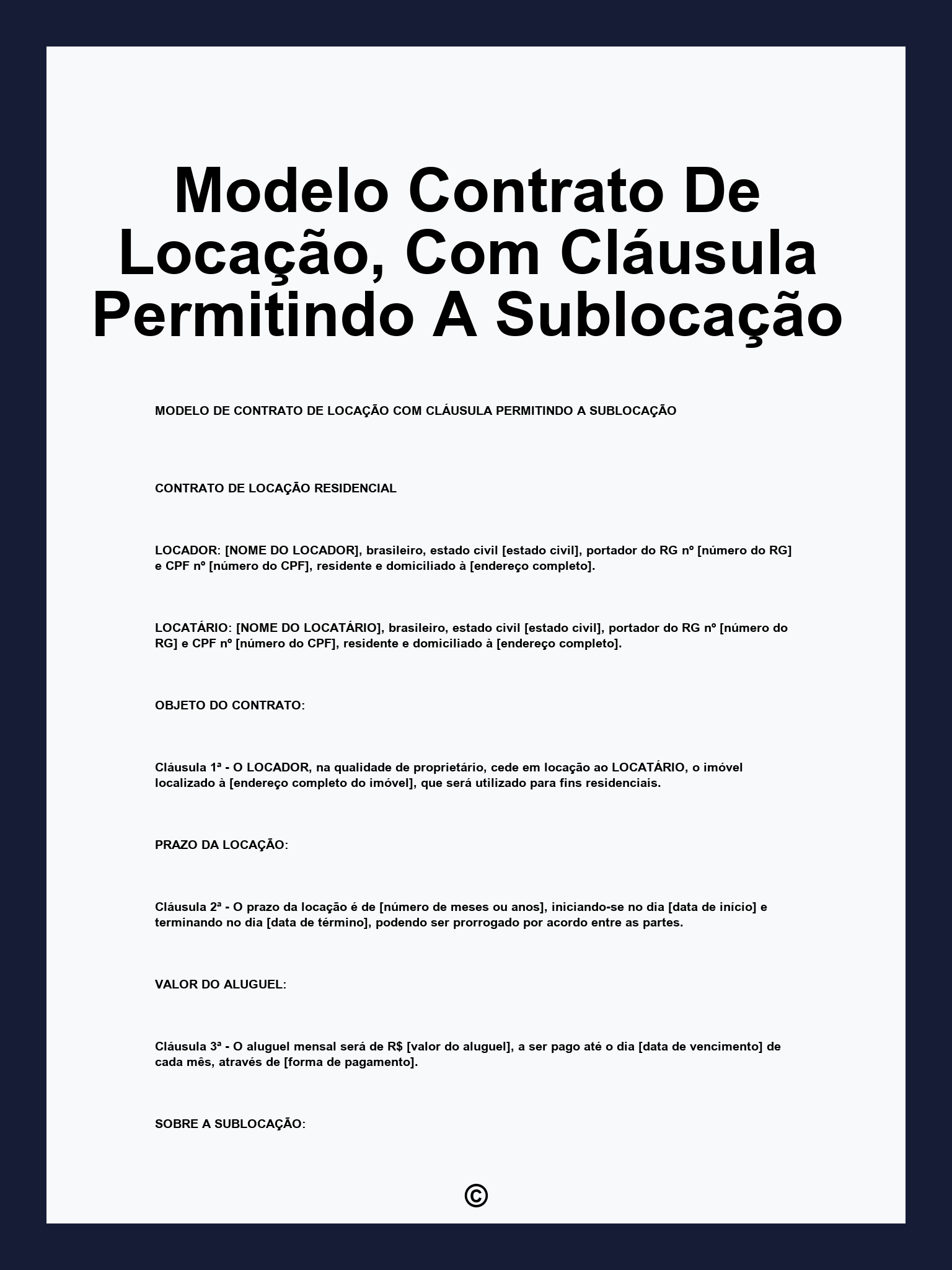Modelo Contrato De Locação, Com Cláusula Permitindo A Sublocação