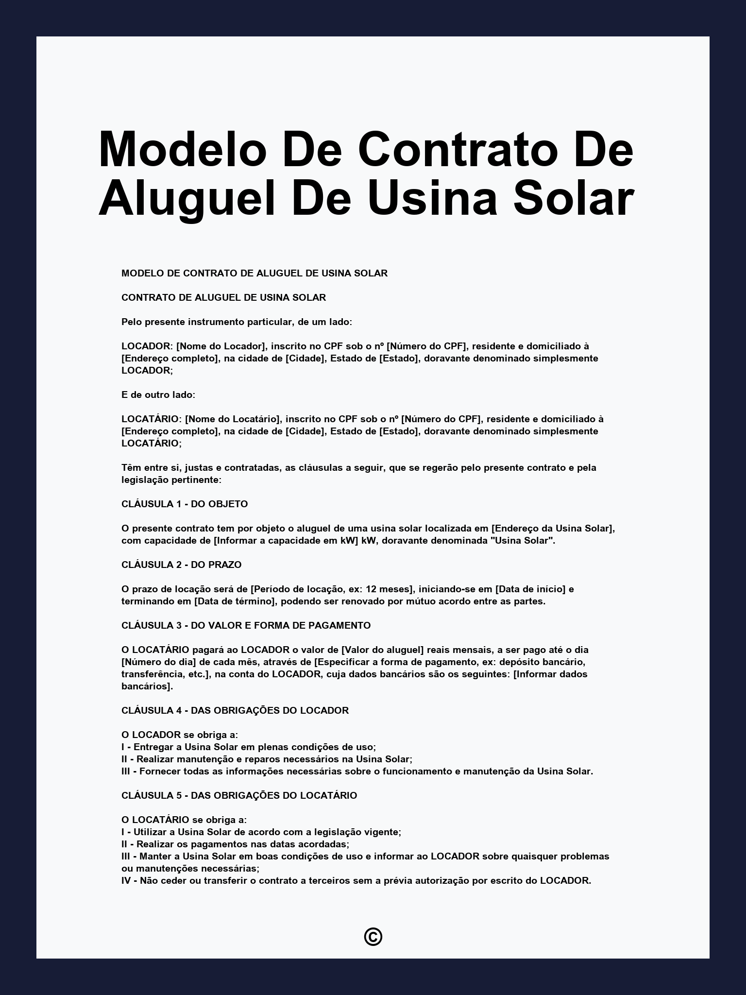 Modelo De Contrato De Aluguel De Usina Solar