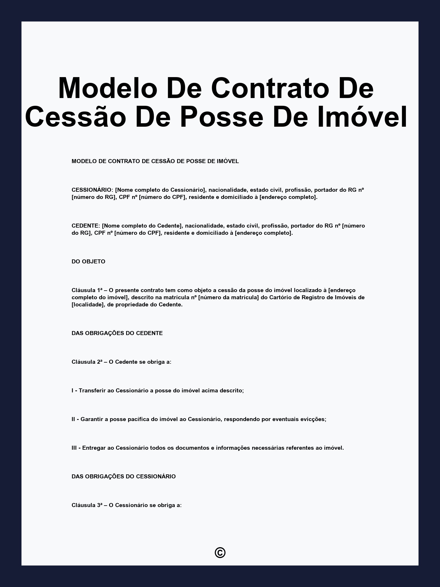 Modelo De Contrato De Cessão De Posse De Imóvel