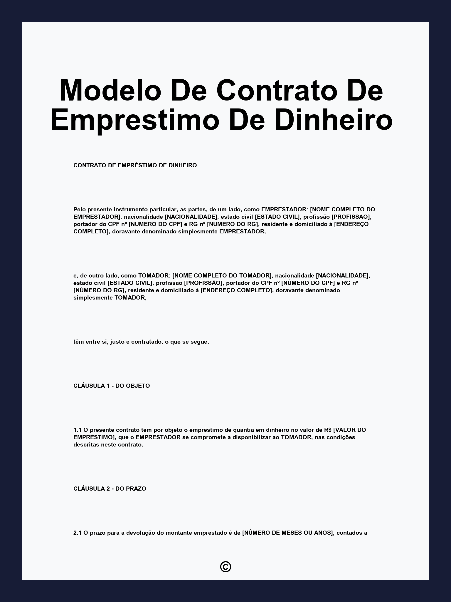 Modelo De Contrato De Emprestimo De Dinheiro