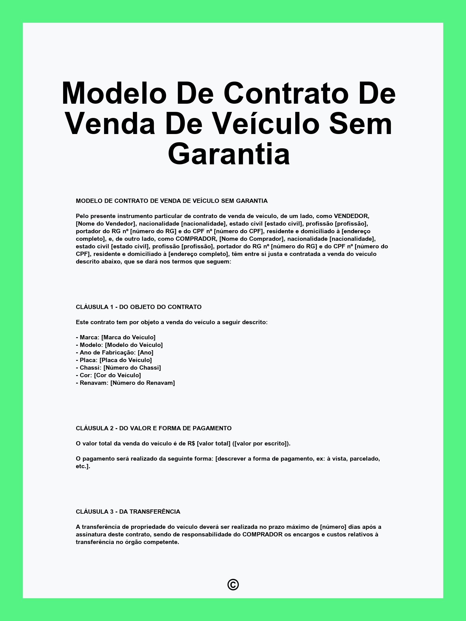 Modelo De Contrato De Venda De Veículo Sem Garantia