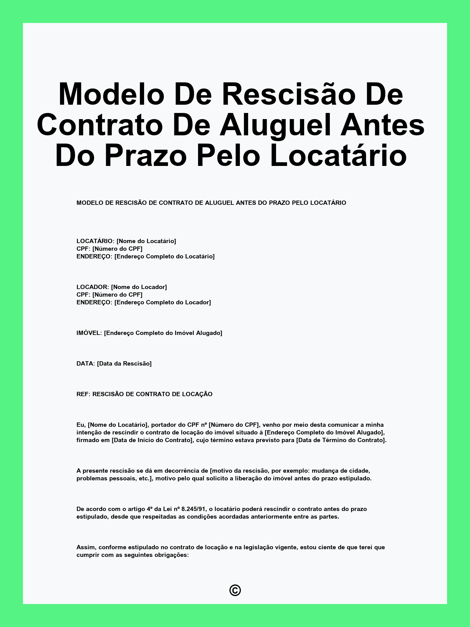 Modelo De Rescisão De Contrato De Aluguel Antes Do Prazo Pelo Locatário