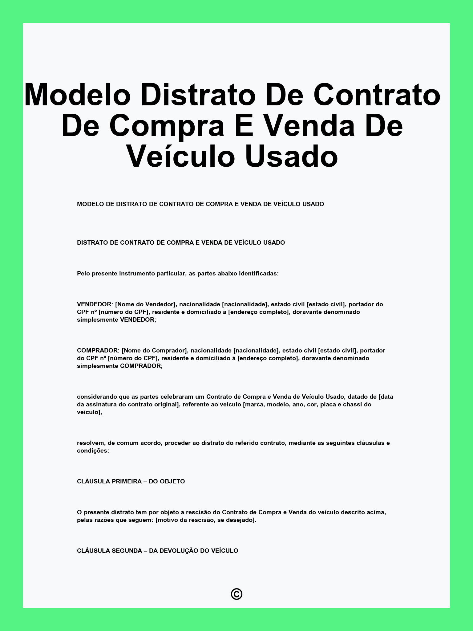 Modelo Distrato De Contrato De Compra E Venda De Veículo Usado
