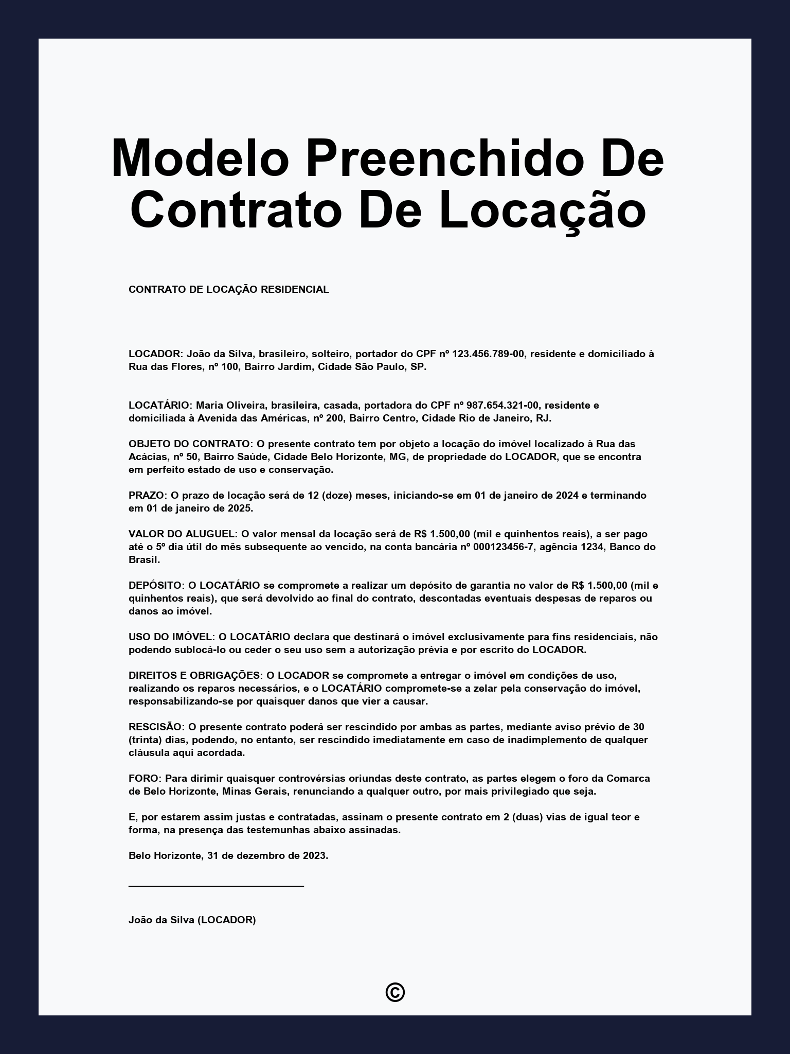 Modelo Preenchido De Contrato De Locação