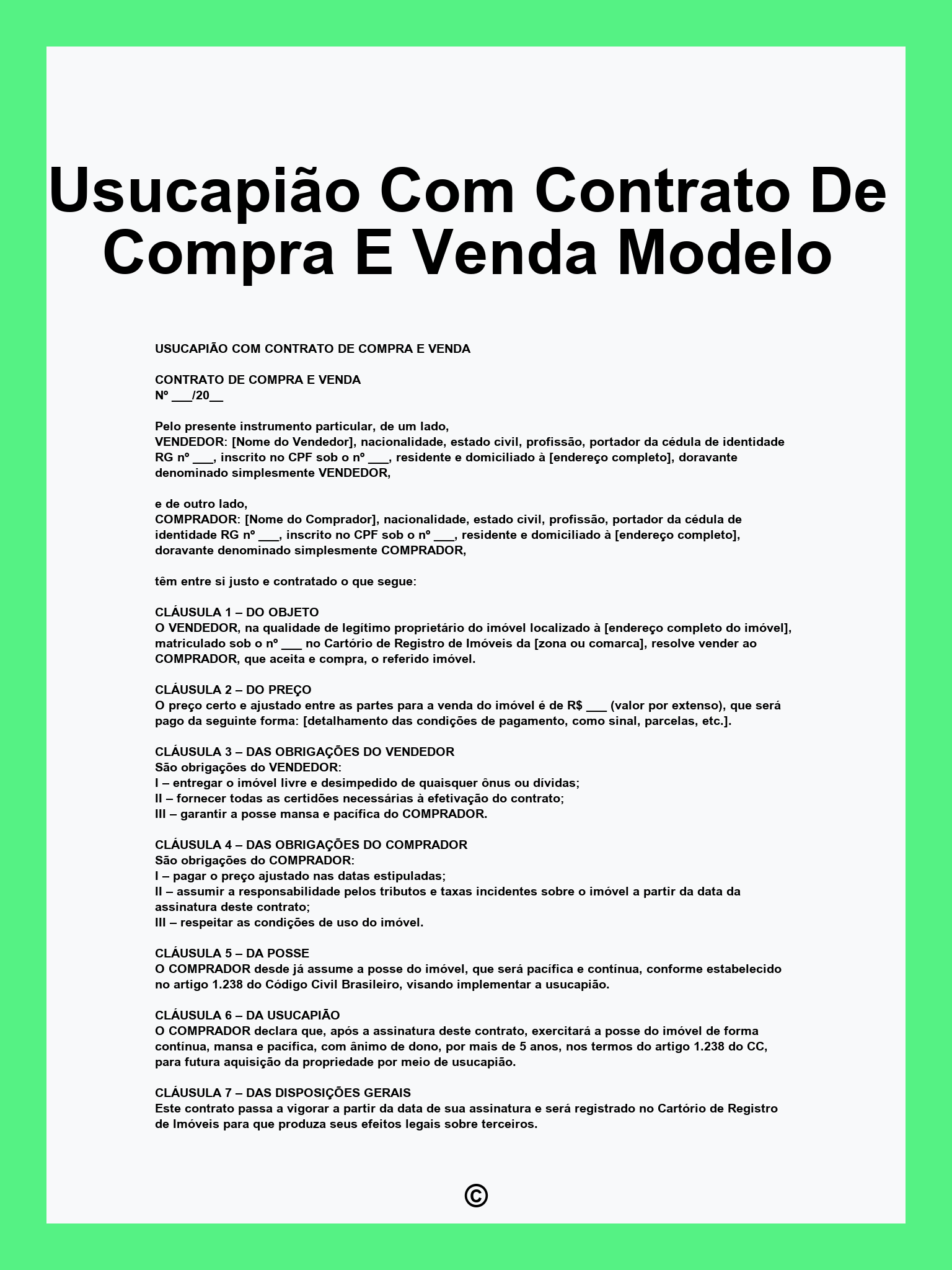 Usucapião Com Contrato De Compra E Venda Modelo